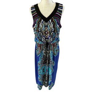 Soho Apparel Womens Sleeveless Paisley & Striped V-Neck Dress L Blue/Multi Stret